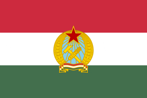 a red white and green flag with a hammer and sickle on it
