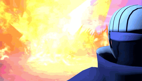 a cartoon character is standing in front of a large fire