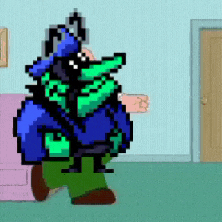 a pixel art of a cartoon character standing next to a chair .