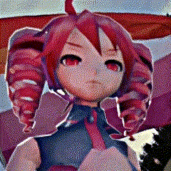 a cartoon girl with red hair and red eyes