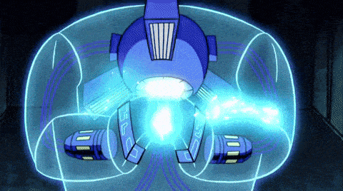 a cartoon drawing of a robot with a light coming out of it 's mouth