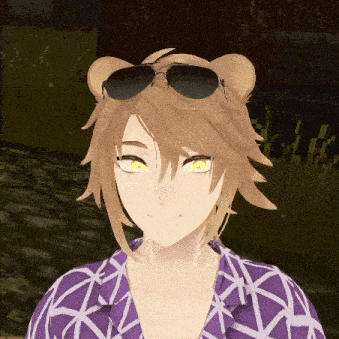 a cartoon character wearing sunglasses and a purple shirt has yellow eyes