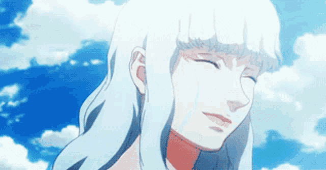 a woman with white hair is smiling with her eyes closed in front of a blue sky