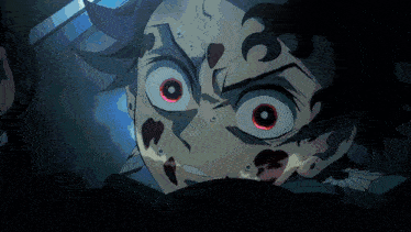 a close up of a person with red eyes