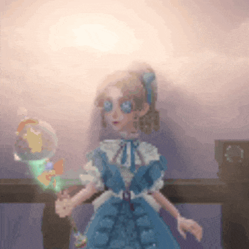 a pixel art of a girl in a blue dress holding a balloon .