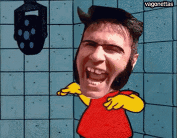 a cartoon of a man laughing in a bathroom with a sign that says vagonetas on it