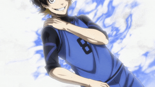 a boy with the number 8 on his shirt is smiling