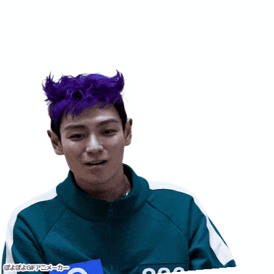 a man with purple hair is wearing a blue jacket with the letter o on the pocket
