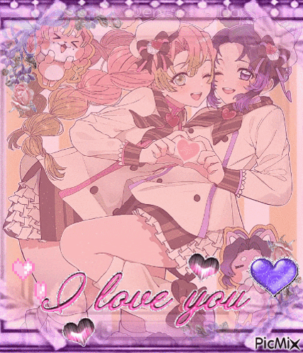 a picture of two anime girls making a heart with their hands and the words " i love you "