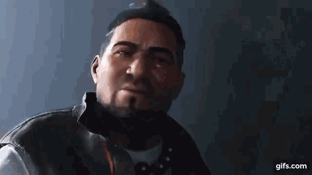 a man with a beard and a leather vest is making a funny face in a video game .