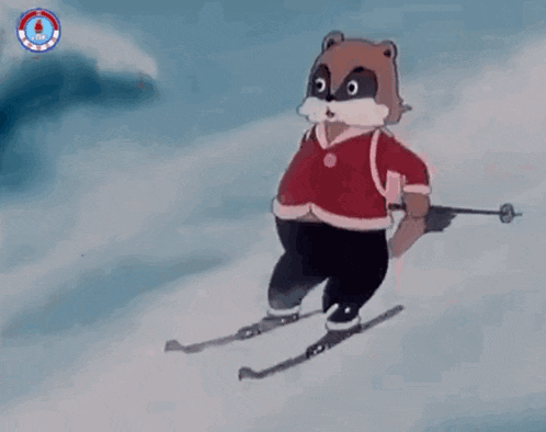 a cartoon raccoon is skiing down a snowy mountain