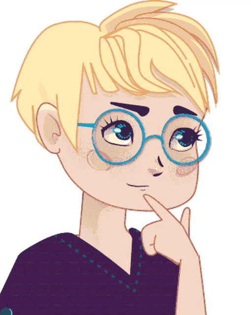a cartoon girl with short blonde hair and blue glasses