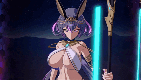 a girl with bunny ears is holding a staff in her hand
