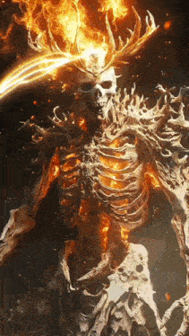 a skeleton with flames coming out of its head and antlers