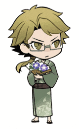 a cartoon character is wearing glasses and a kimono and holding a fan