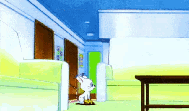 a cartoon cat is standing in a living room next to a couch and table .