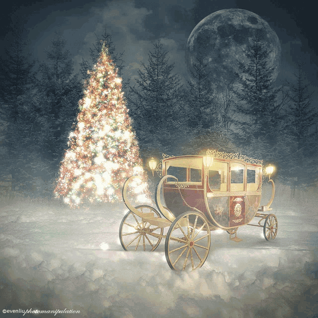 a picture of a carriage in the snow with a christmas tree in the background by evenly photomanipulation