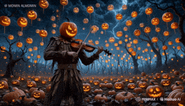a scarecrow playing a violin with pumpkins in the background