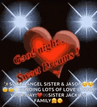 a red heart with the words `` good night sweet dreams '' written on it .