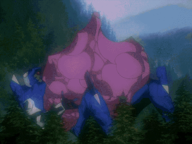 a cartoon drawing of a blue and purple monster