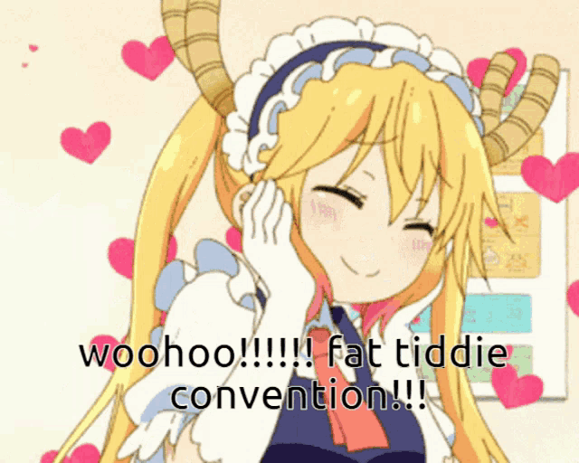 a picture of a girl with horns and the words woohoo fat tiddie convention on the bottom