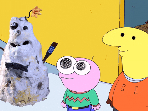 two cartoon characters are standing next to a snowman and a bottle of beer
