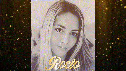 a black and white photo of a woman with the name rocio on the bottom