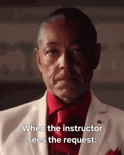 a man in a white suit and red tie is talking about when the instructor sees the request
