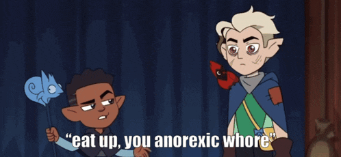 a cartoon of a person holding a sandwich and an apple with the words " eat up you anorexic whore " below it