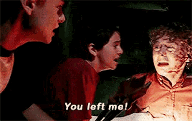a group of people are talking to each other in a dark room and one of them is saying `` you left me ! ''