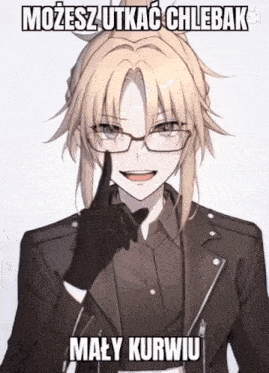 a picture of a girl with glasses and a jacket that says możesz utkac chlebak