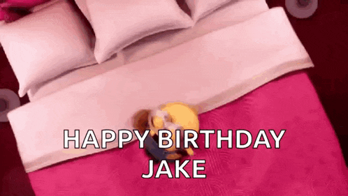 a cartoon character is laying on a bed with a pink blanket .