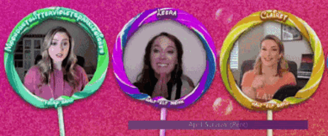 three colorful lollipops with the names keira claire and felicia on them