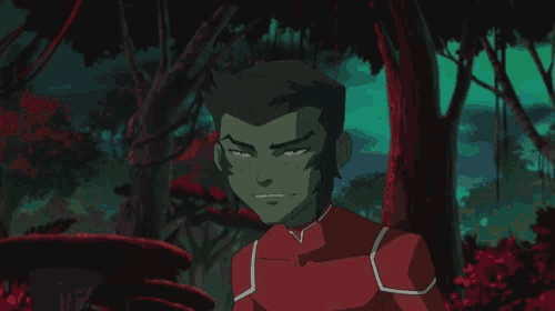 a cartoon character with a green face and a red shirt