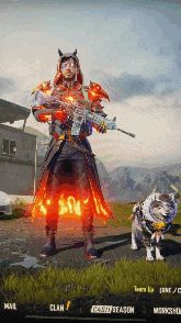 a man is holding a gun and a dog is standing next to him