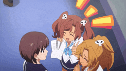 a group of anime girls are standing next to each other with one girl holding a piece of paper