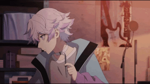 a person with purple hair is holding a pencil in their hand