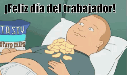 a cartoon of a man laying down with a bag of tasty potato chips