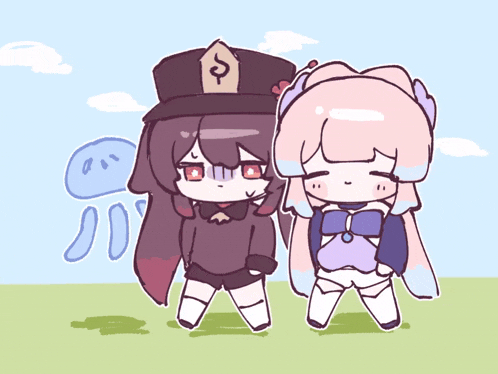 a drawing of two anime characters with one wearing a hat with an s on it