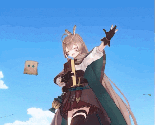 a girl with long hair is holding a book and a sword while standing in front of a blue sky