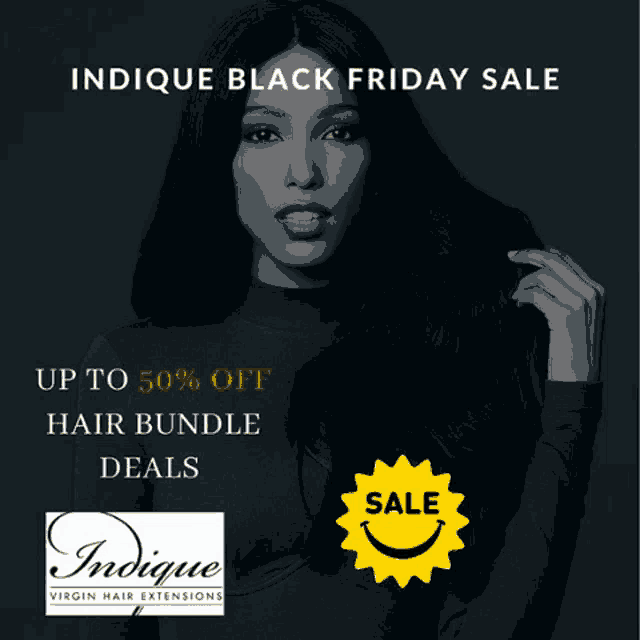 an advertisement for indicque virgin hair extensions shows a woman with long black hair