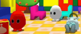 a pixel art of a room with toys and a red object in the middle .