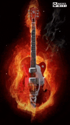 a guitar is surrounded by flames and the words made with mivi are on the bottom