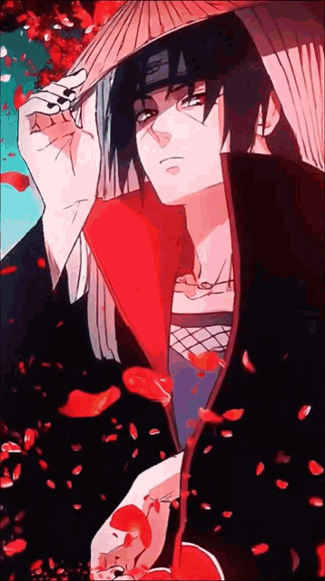 itachi uchiha from the anime naruto is wearing a hat and holding a flower .