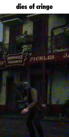 a sign for perrault preserves pickles hangs from a pole