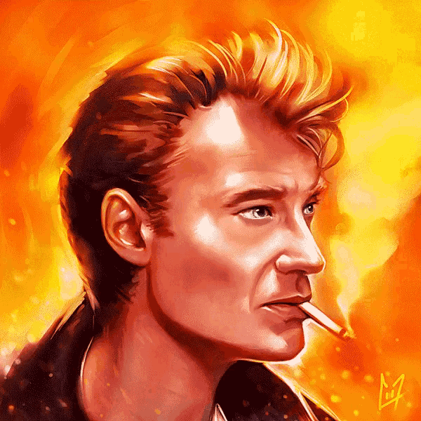 a painting of a man with a cigarette in his mouth with the letter t on the bottom