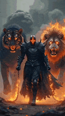 a knight in armor is walking between two lions .