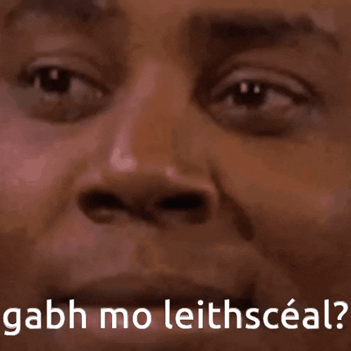 a close up of a man 's face with the words gabh mo leithsceal written below it .