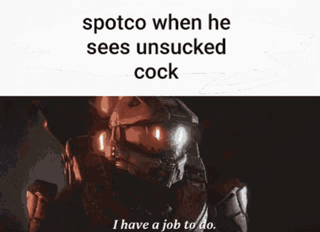a picture of a video game character with the caption spotco when he sees unsucked cock