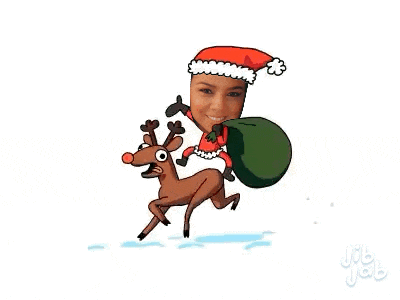 a cartoon of a person riding on the back of a reindeer carrying a bag of gifts .